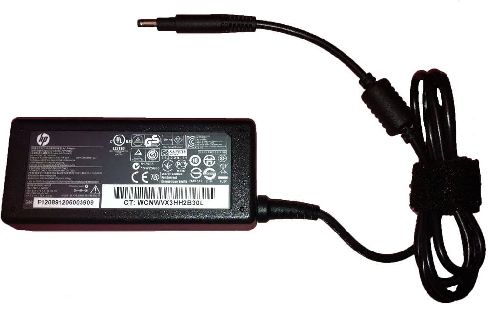 HP laptop adapter with power cable on a white background