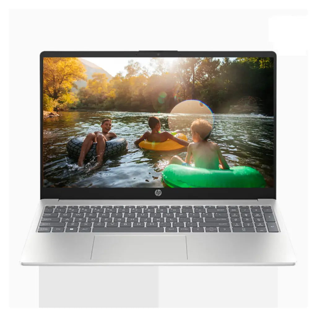 Laptop displaying an image of children on inner tubes in a river with HP branding.
