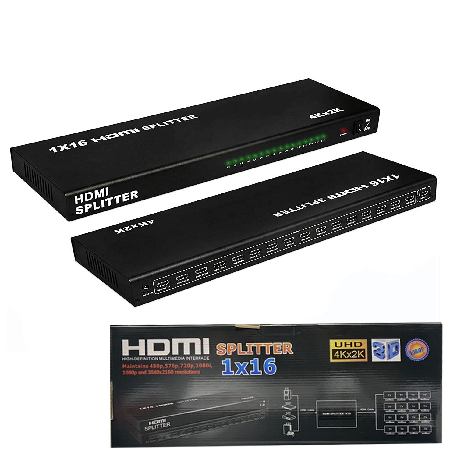 An HDMI splitter with 16 ports, capable of distributing a single HDMI input to 16 HDMI outputs, displayed in two orientations (vertical and horizontal) and in its packaging box.