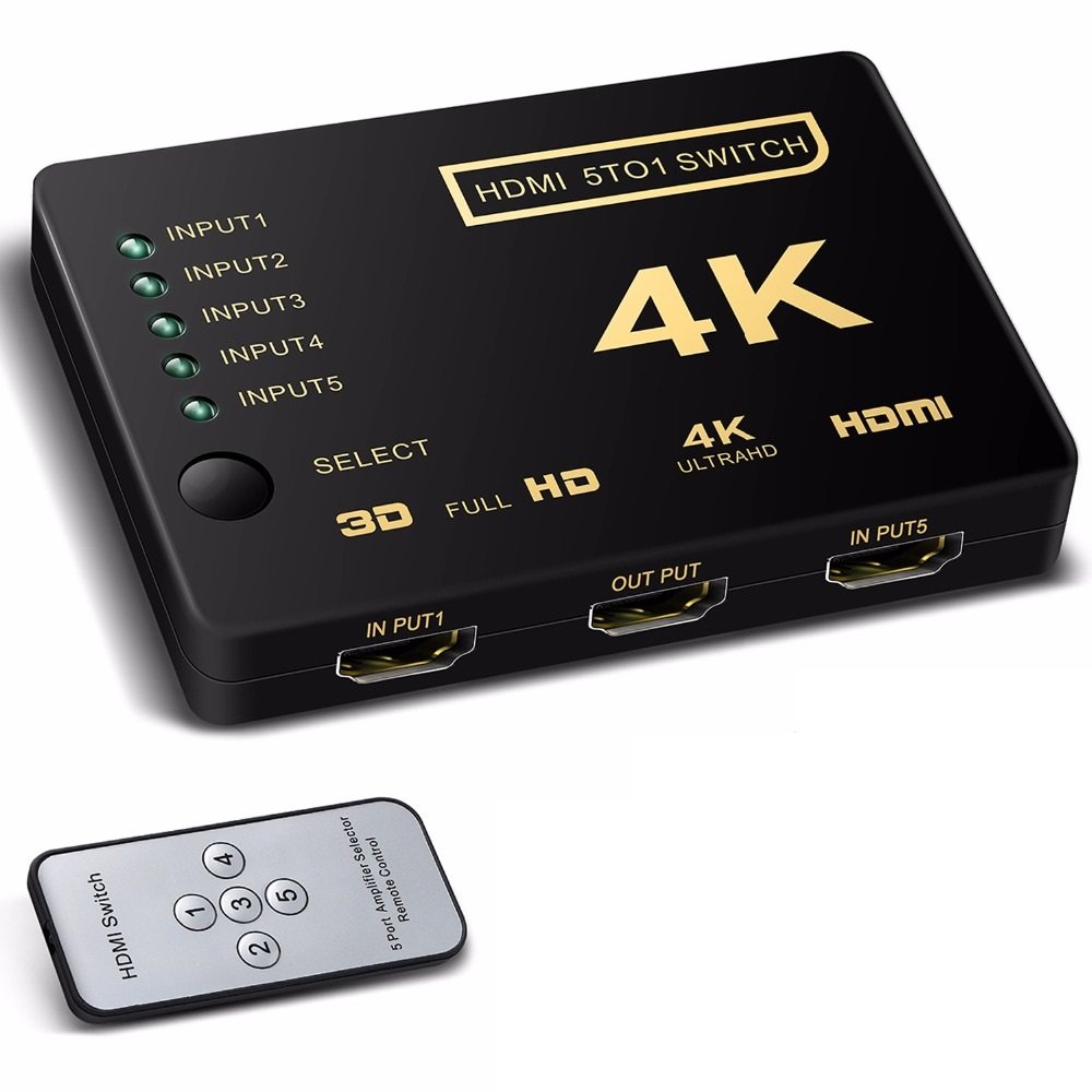 5-port HDMI switch labelled '4K HDMI Switch' with gold accents on the top surface, including an HDMI input and output, and a remote control.