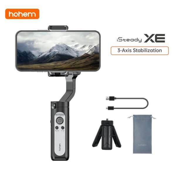 The image shows a black Hohem iSteady XE 3 Axis Handheld Gimbal Stabilizer with accessories, including a phone clamp, a USB cable, and a carrying case.