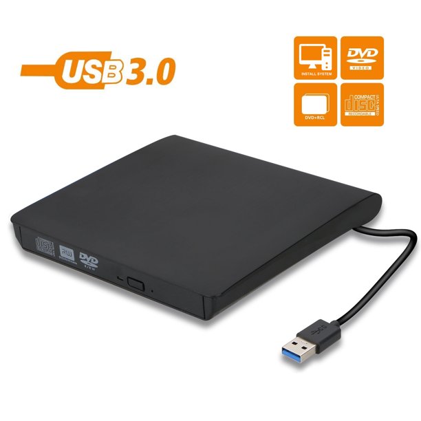 Black external DVD drive with USB 3.0 connection on a white background