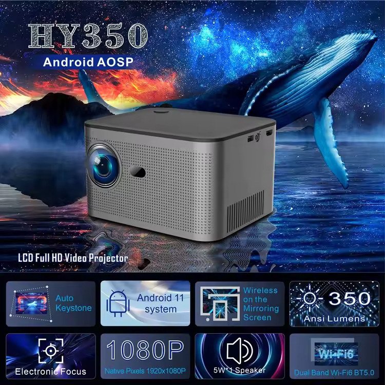Y350 ANDROID 11.0V (CPU ALL WINNER H713) SMART PROJECTOR 2GB+32GB DUAL SPEAKER 1080P WITH DUAL BAND WIfI 6 AND BLUETOOTH 5.0 BRIGHTNESS (LUMENS) 580 ANSI SUPPORT 4K