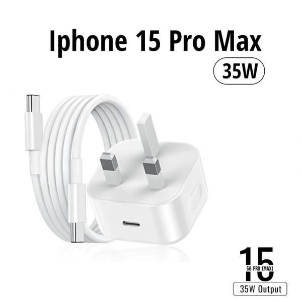 White iPhone 15 Pro Max charging cable and adapter on a white background