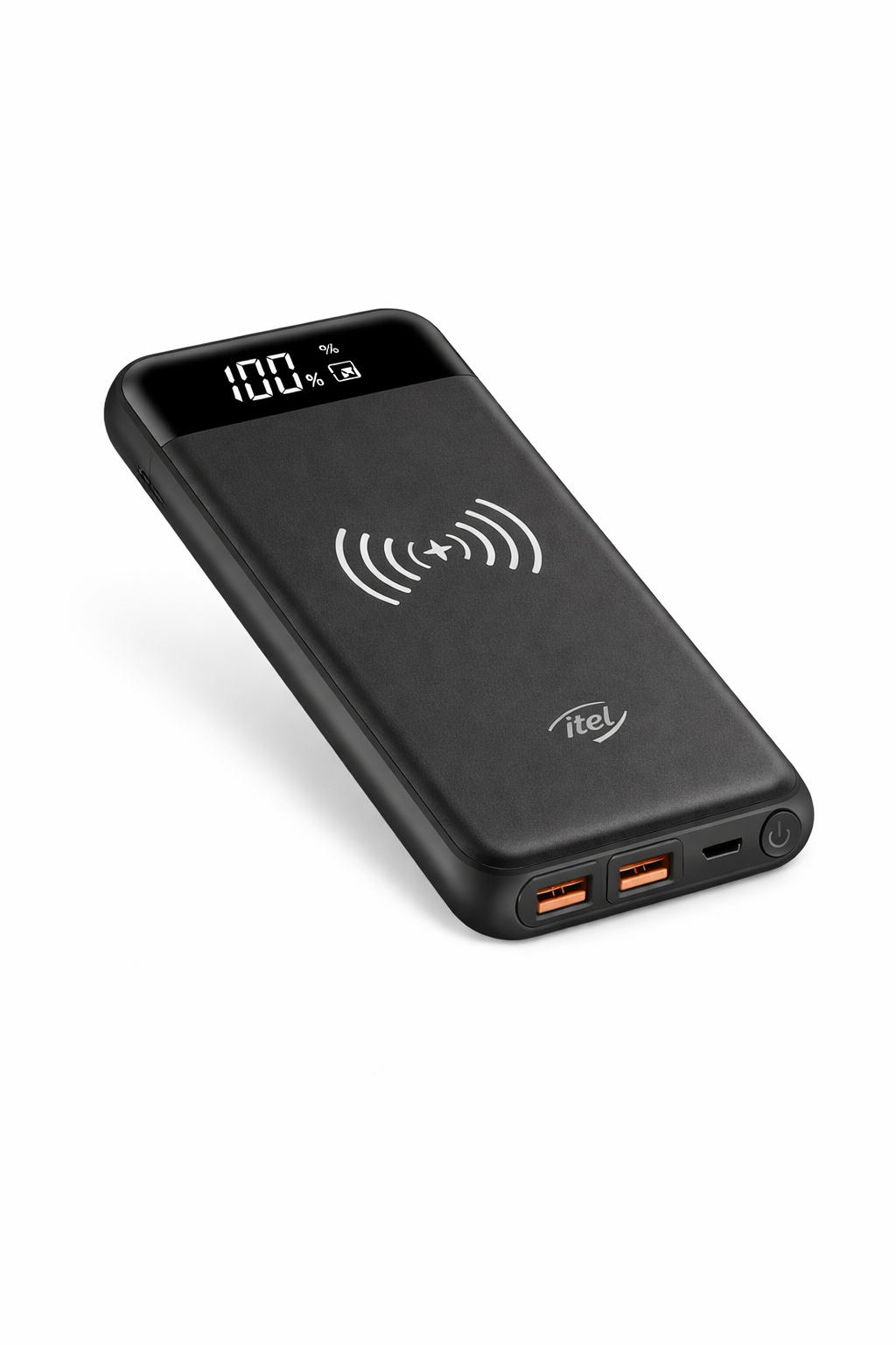 ITEL A1820 wireless power bank 10000mAh with LED digital display and wireless charging symbol on white background