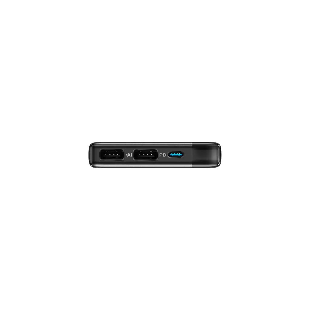 ITEL Power Bank A1420 Pulse 1 10000mAh (Black) top view showing dual USB output ports and USB-C PD input for charging multiple devices.