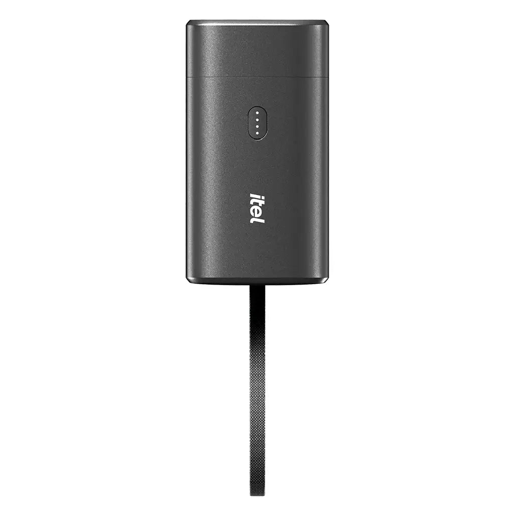 TEL Power Bank Easy 1 20000mAh front view in black with LED battery indicator lights and ITEL branding.