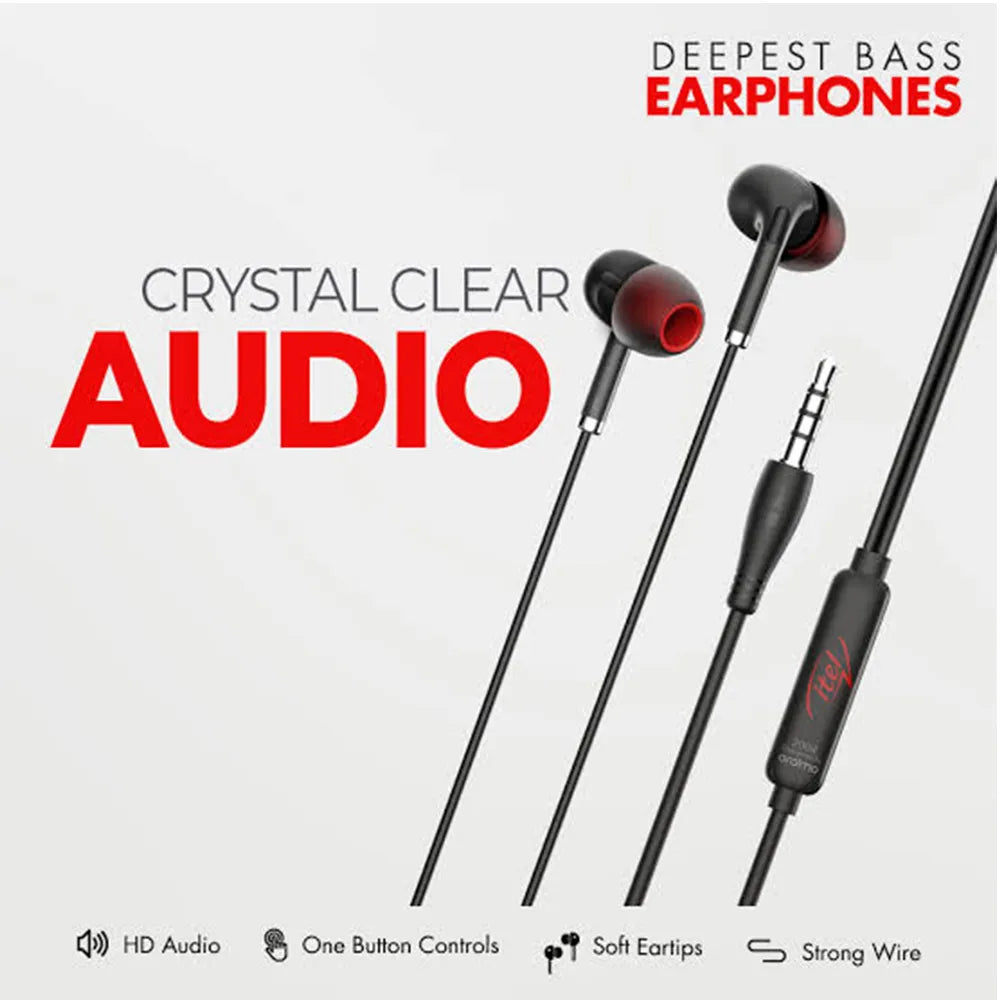 In-ear earphones with text highlighting features on a white background