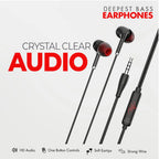 In-ear earphones with text highlighting features on a white background