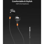 Black and orange half in-ear earphones with a 3.5mm jack on a black background.