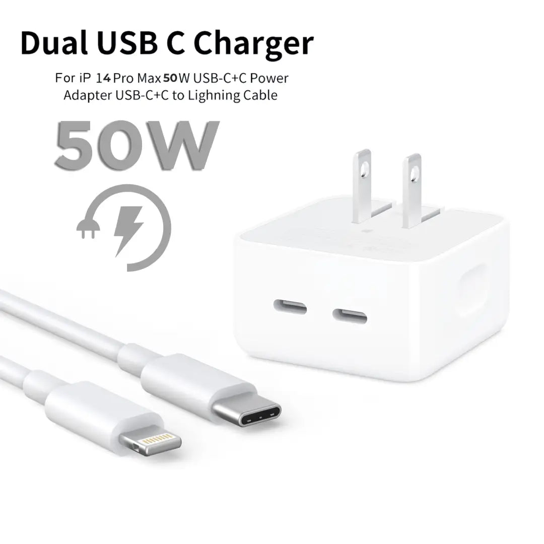 Dual USB C Charger with 50W power adapter and cable on a white background