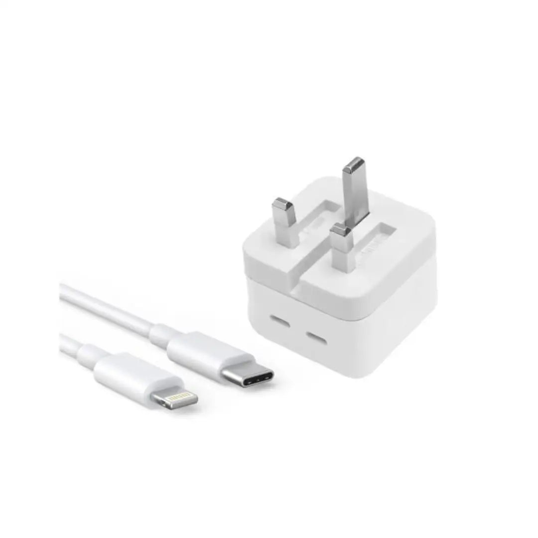 White power adapter and USB-C cable on a white background