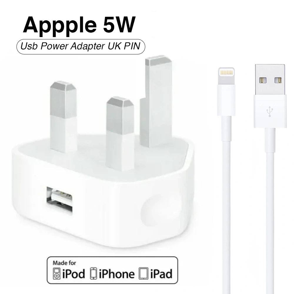 5W USB power adapter with UK plug and Lightning cable on a white background