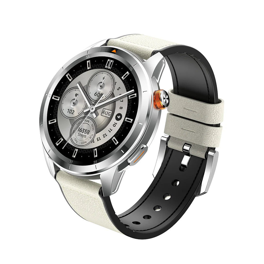 Smartwatch with a black and beige strap on a white background