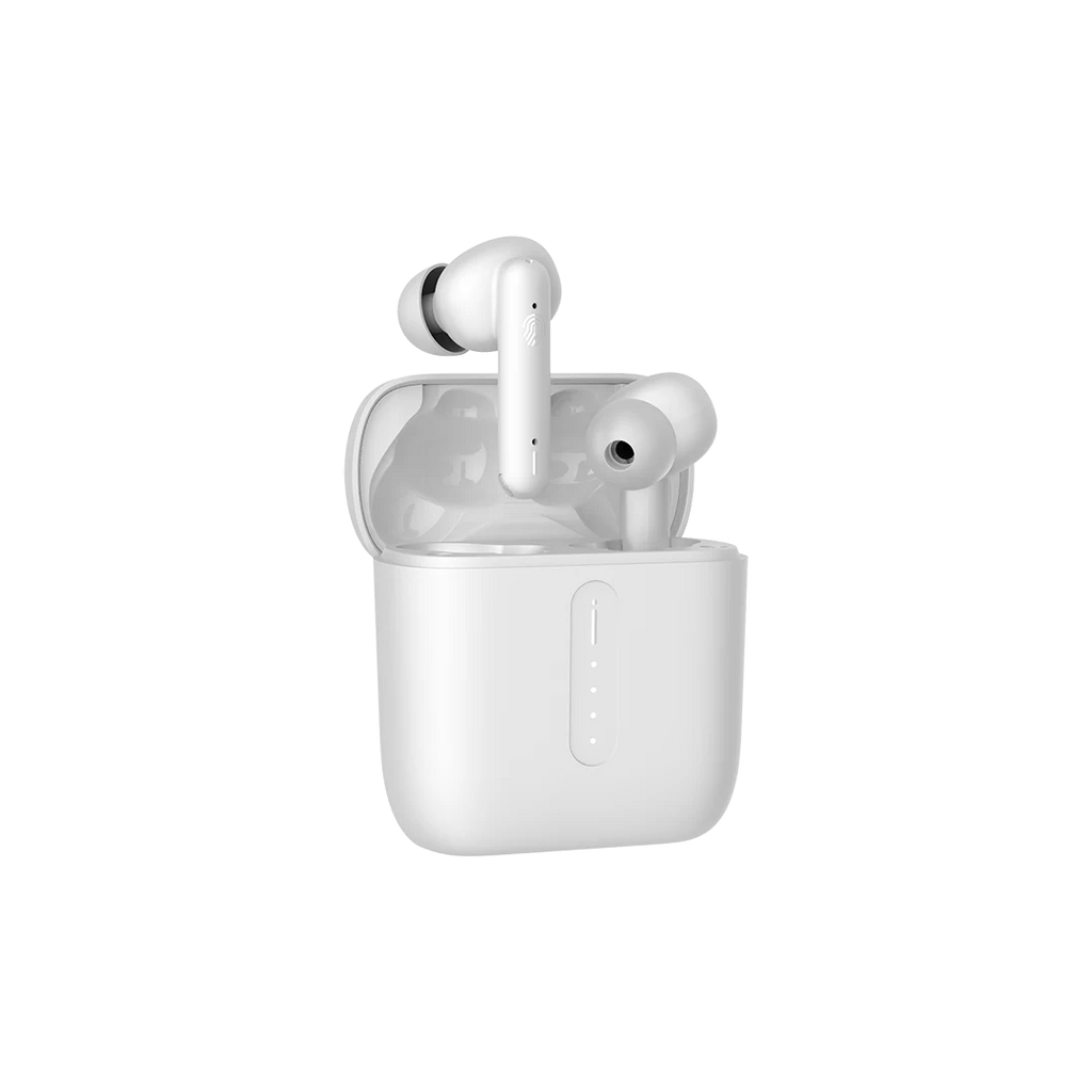 White wireless earbuds with charging case on a white background