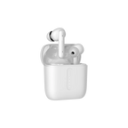 White wireless earbuds with charging case on a white background