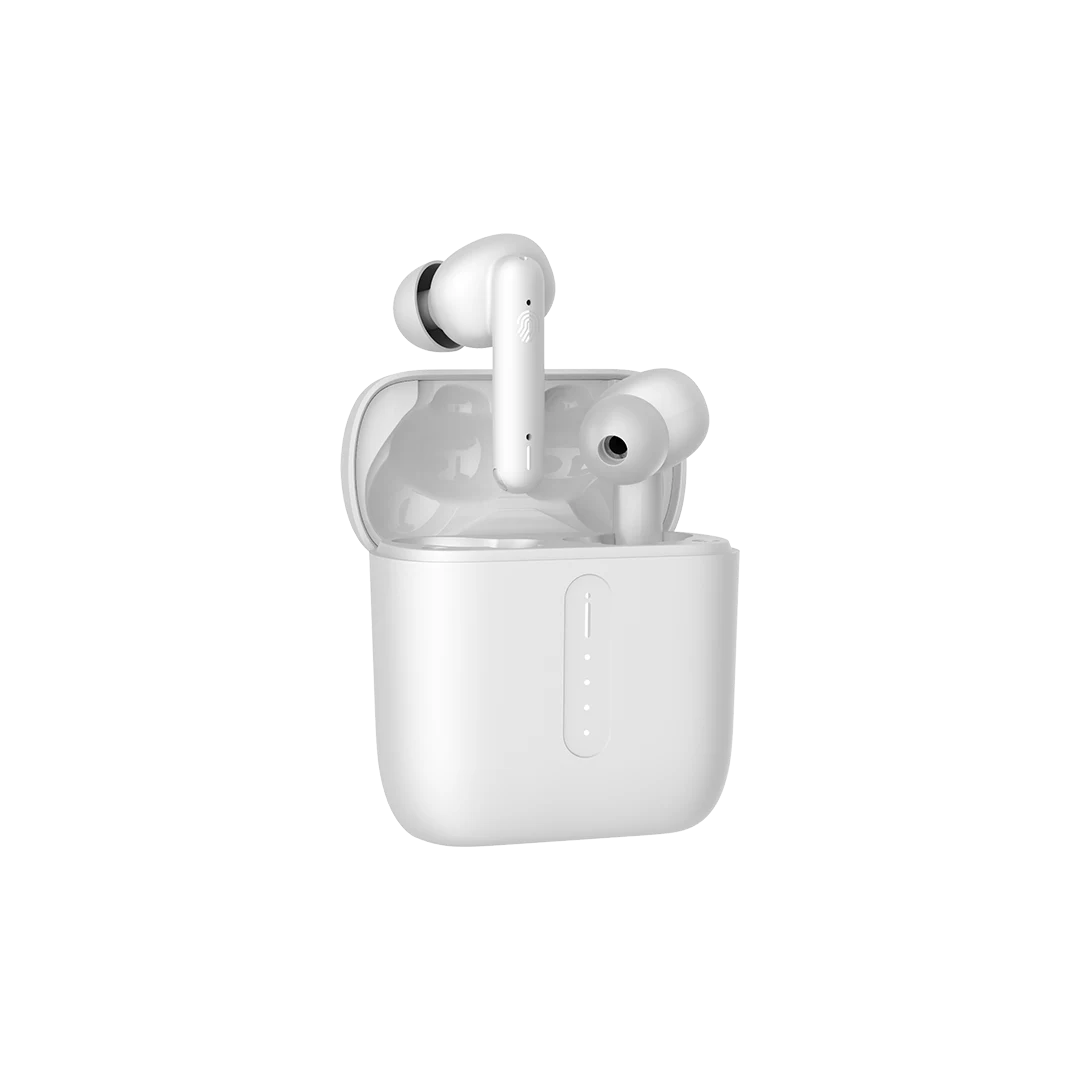 White wireless earbuds with charging case on a white background