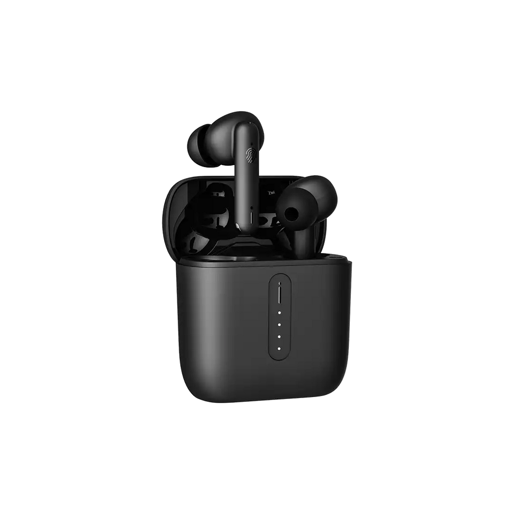 Black wireless earbuds in a charging case on a white background