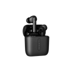 Black wireless earbuds in a charging case on a white background