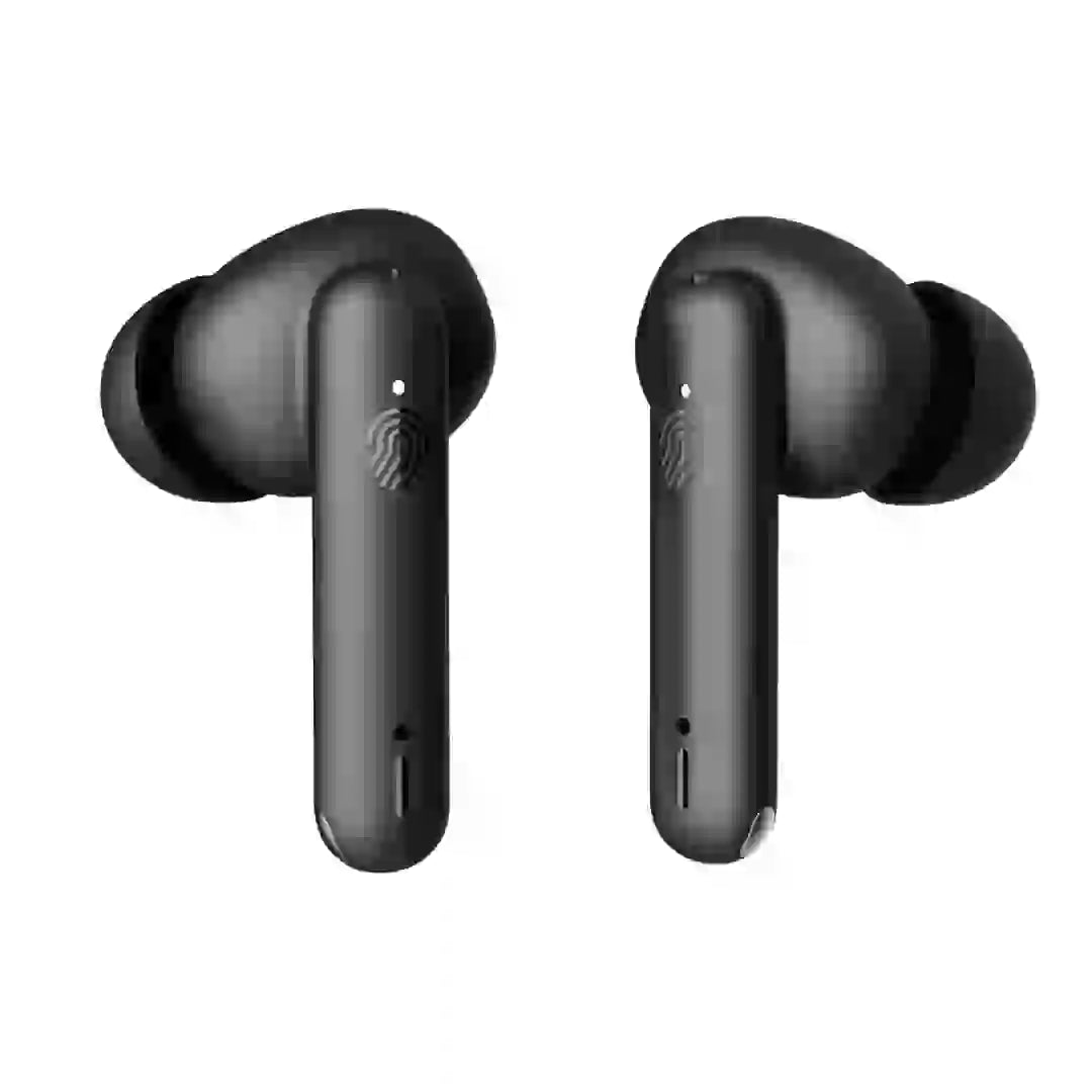 Black wireless earbuds on a white background