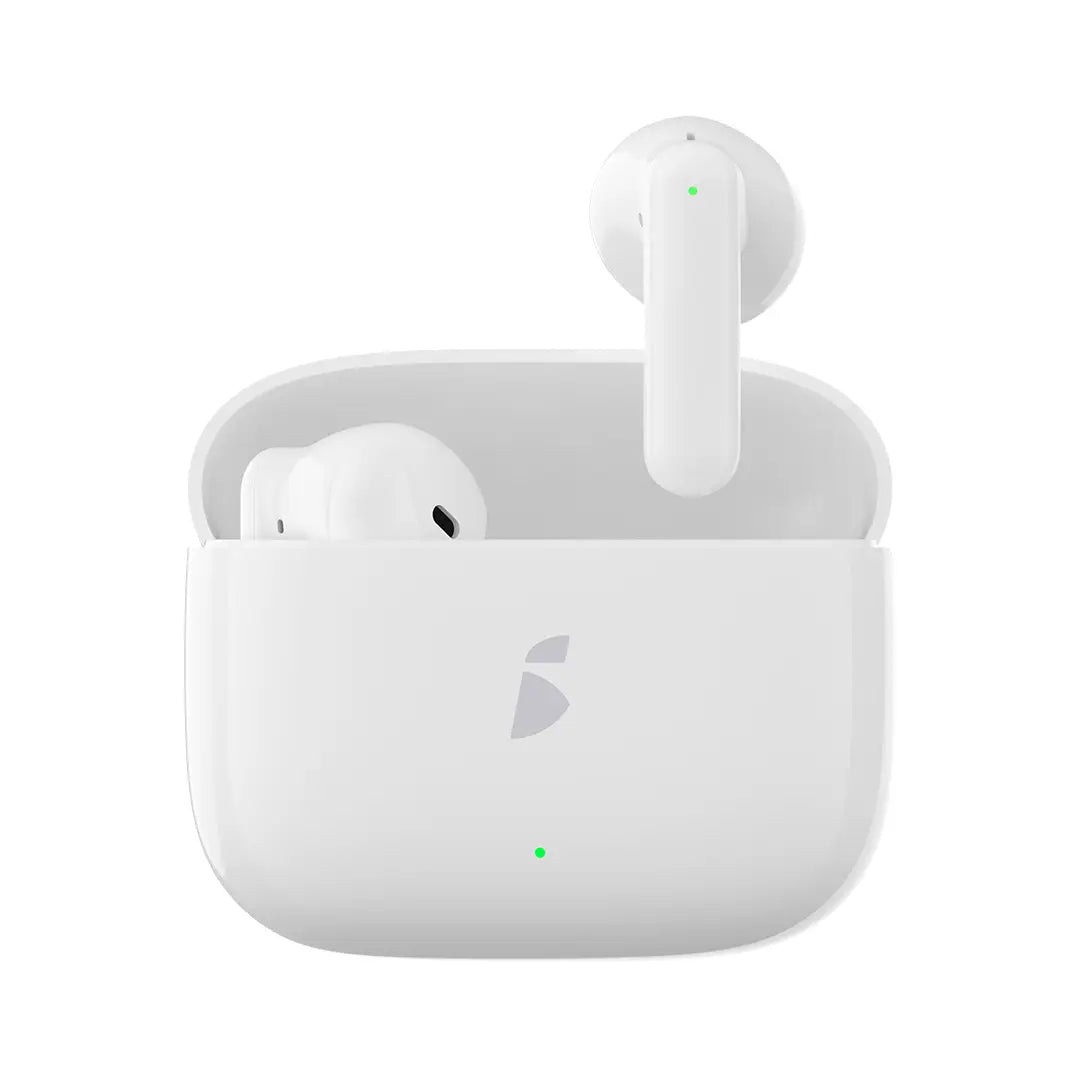 White wireless earbuds with charging case on a white background