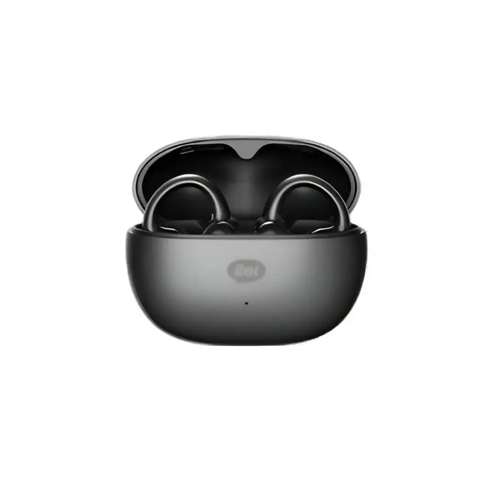 Black wireless earbuds in a charging case on a white background