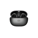 Black wireless earbuds in a charging case on a white background
