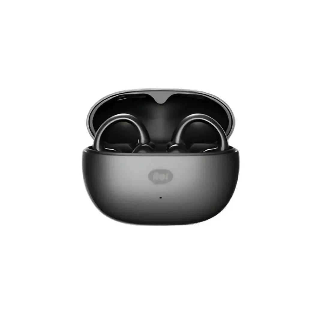 Black wireless earbuds in a charging case on a white background