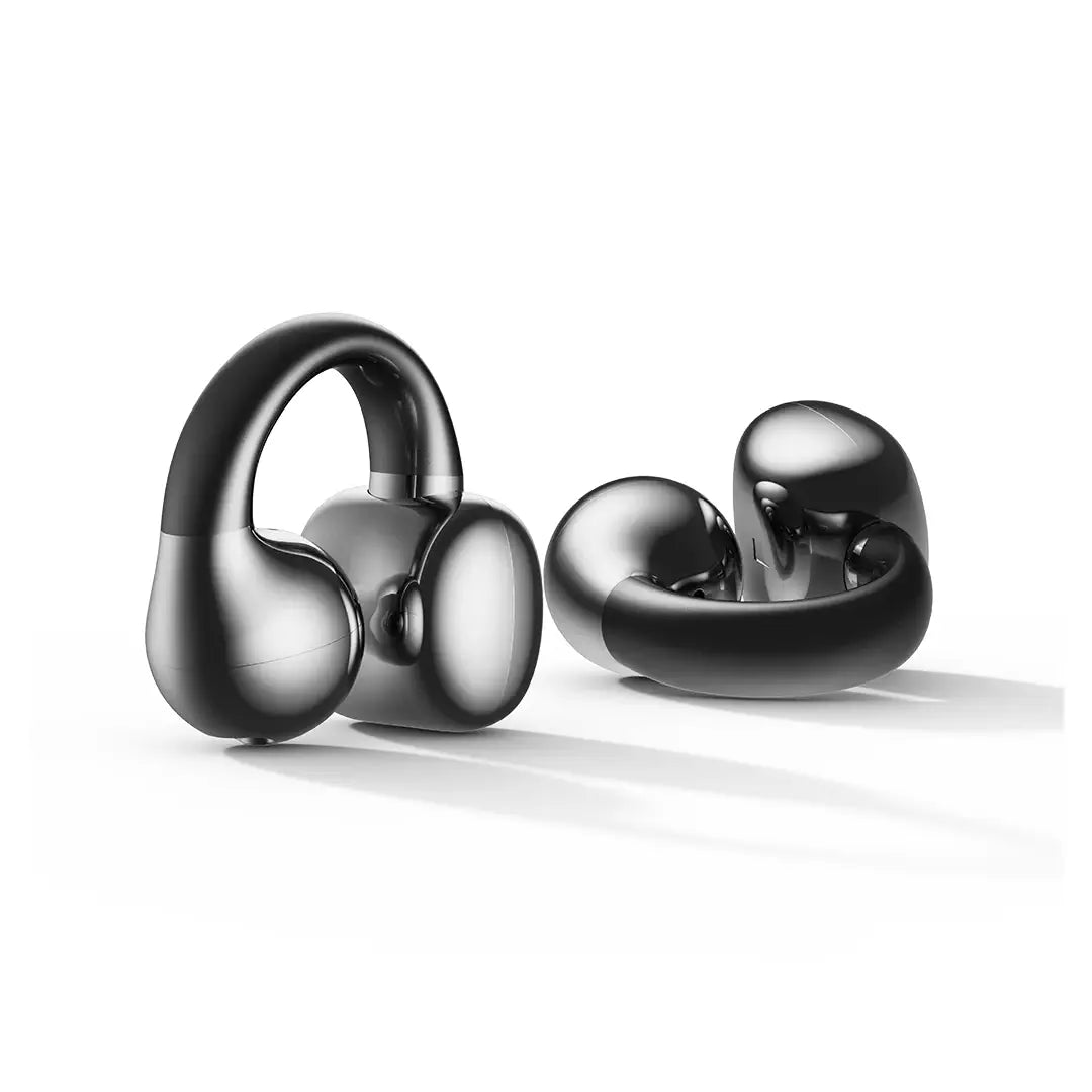 Pair of black wireless earbuds on a white background