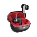 Black and red wireless earbuds in charging case on a white background