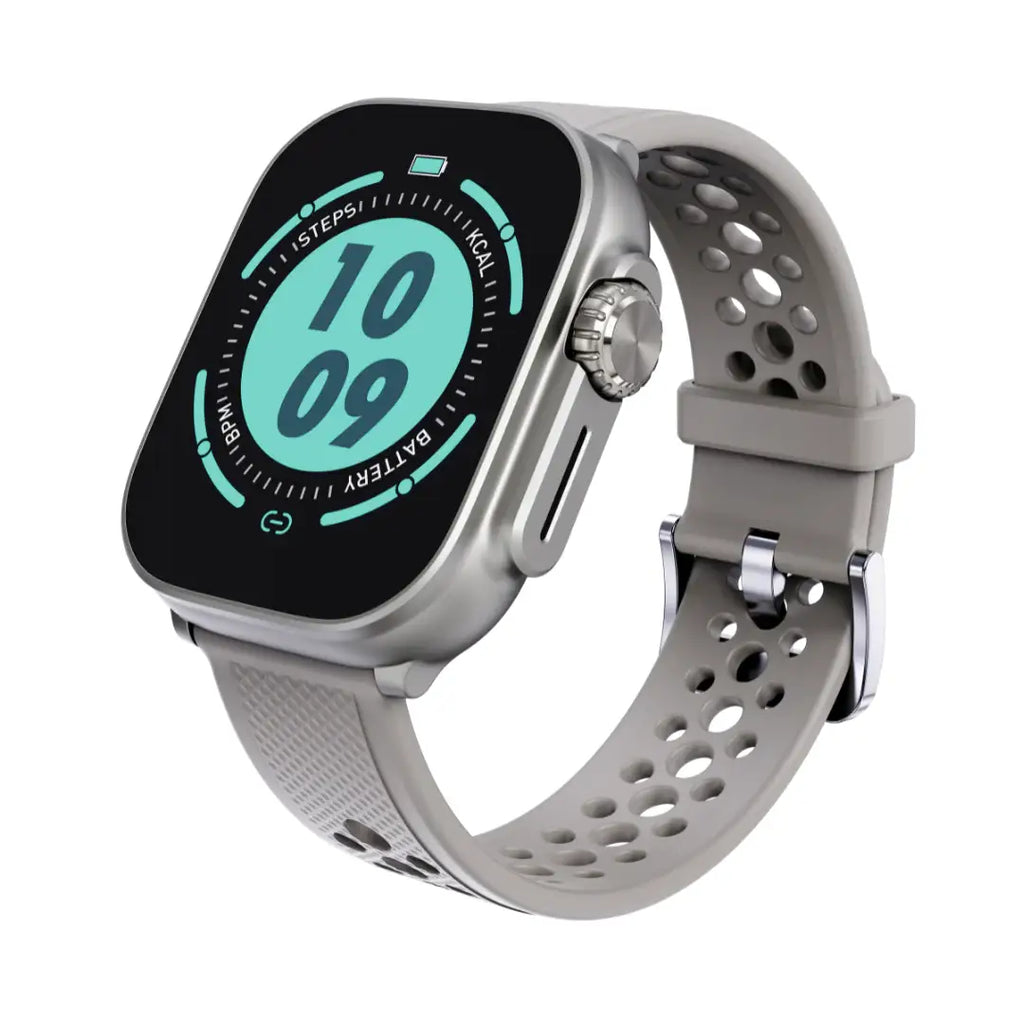 Smartwatch with a gray perforated band on a white background