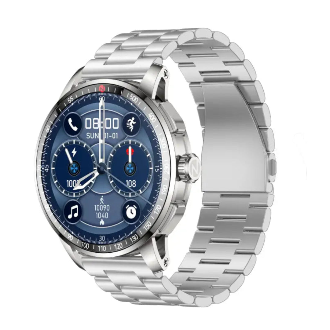Silver smartwatch with a blue display on a white background
