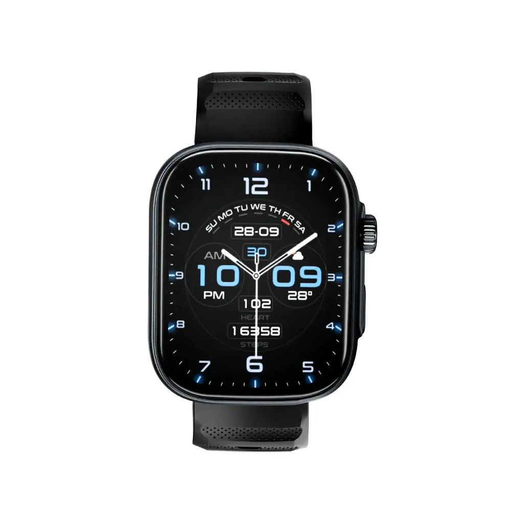 Black smartwatch with a digital display on a white background