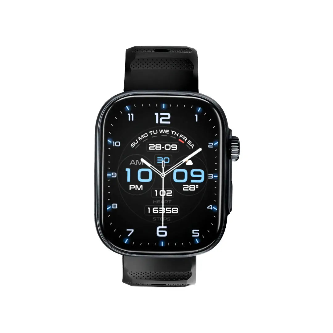 Black smartwatch with a digital display on a white background
