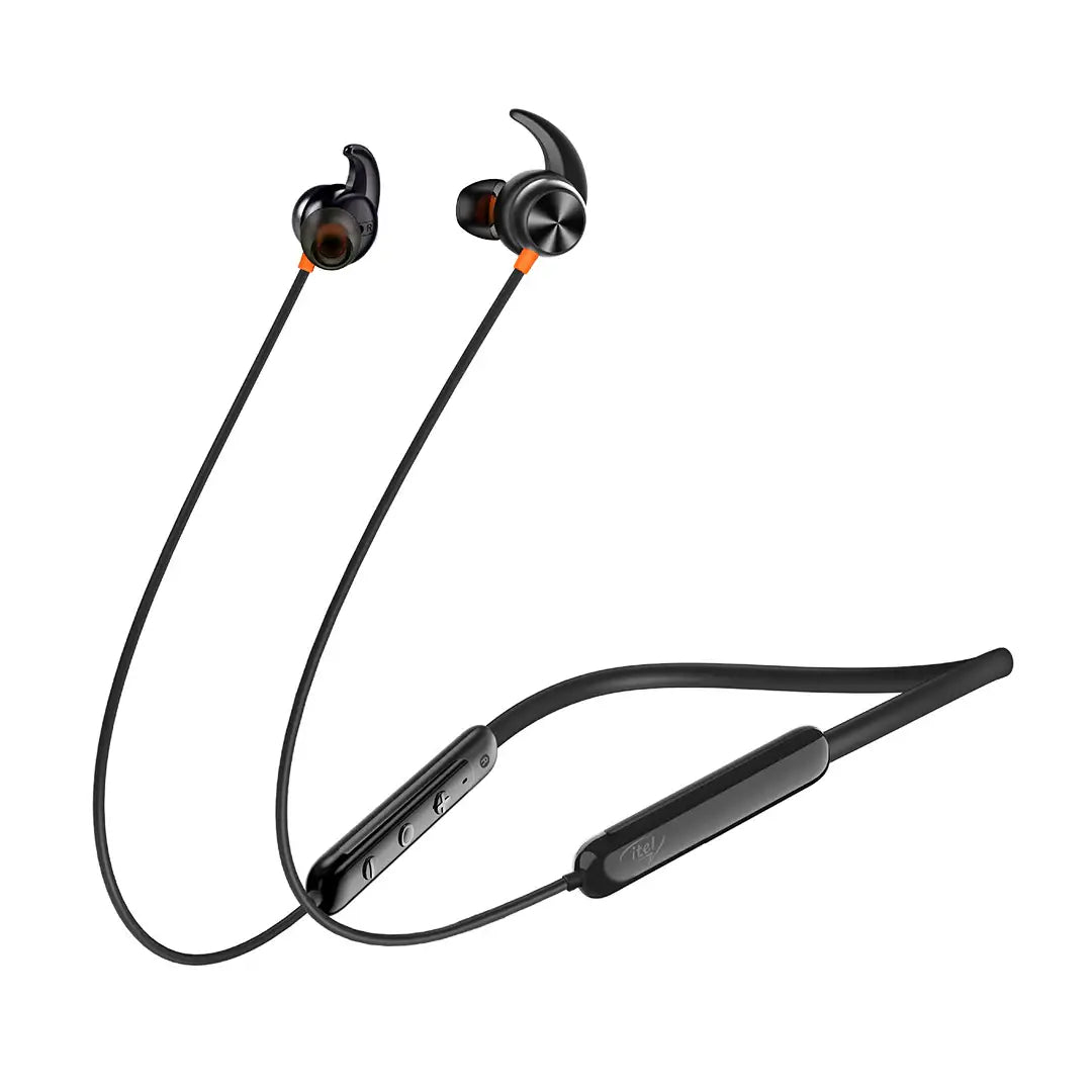 Black wireless earbuds with a neckband on a white background