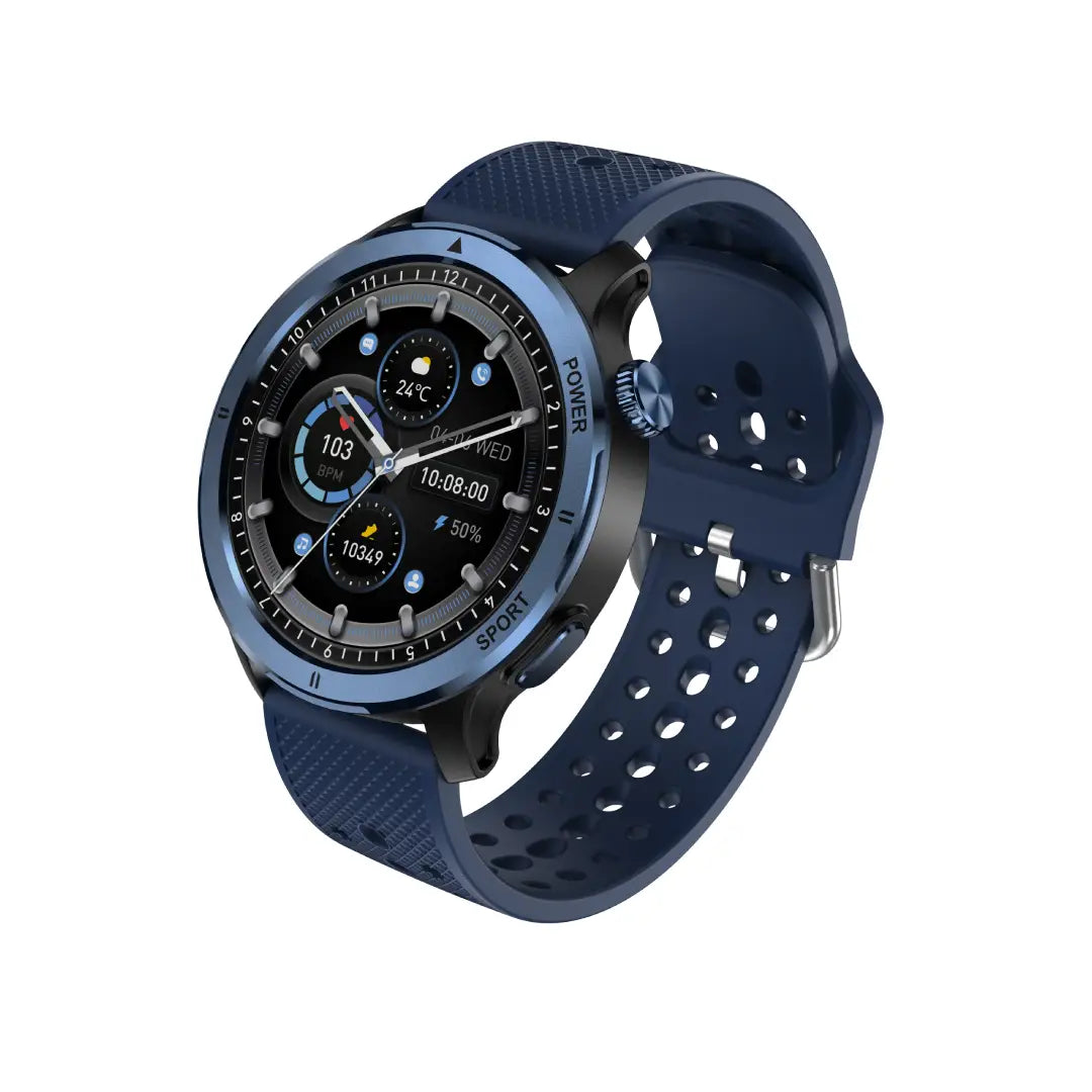 Blue smartwatch with a perforated band on a white background