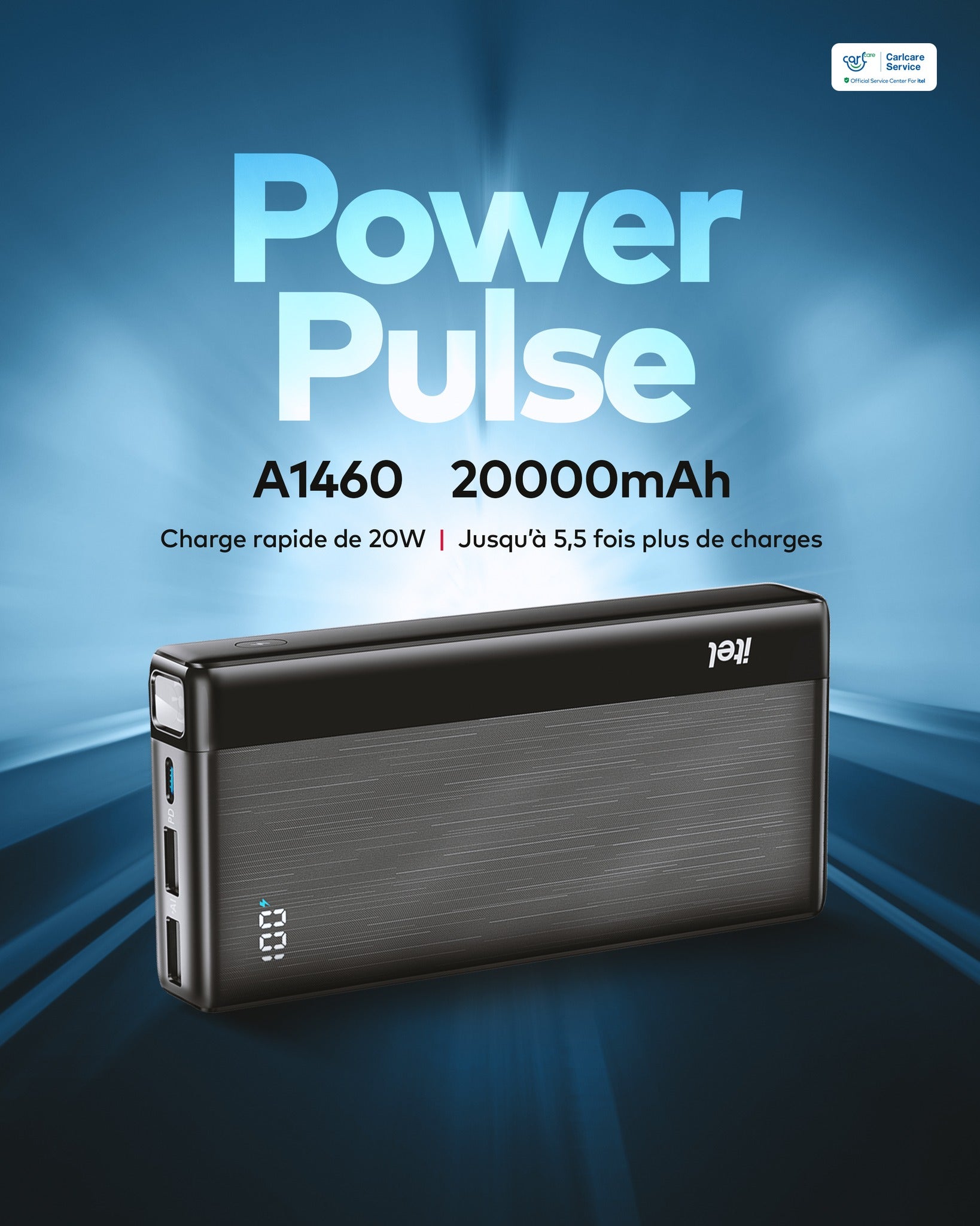 Power bank with 'Power Pulse' branding on a blue gradient background