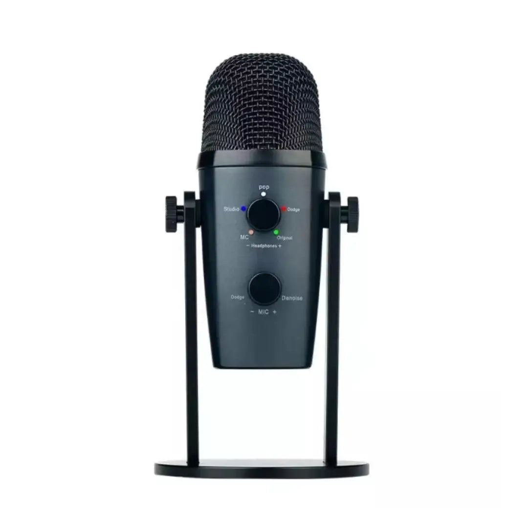 Black USB microphone on a stand with control knobs on a white background