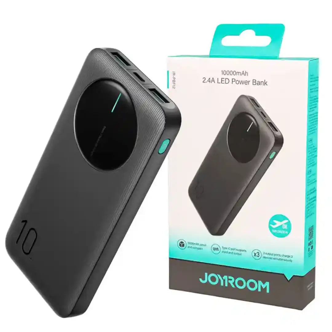 Black power bank with Joyroom packaging on a white background