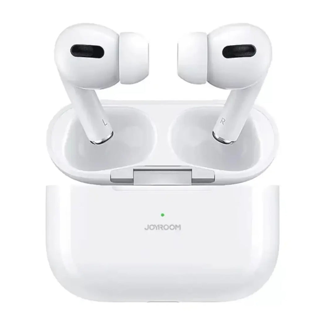 White wireless earbuds with charging case on a white background, featuring the brand 'JOYROOM'.