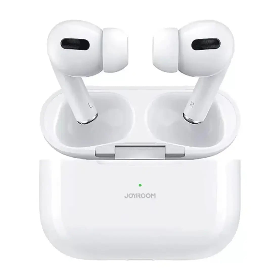 White wireless earbuds with charging case on a white background, featuring the brand 'JOYROOM'.
