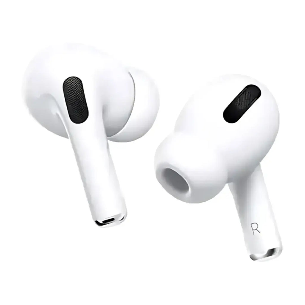 White wireless earbuds with black accents on a white background