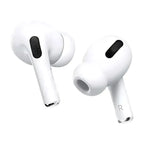 White wireless earbuds with black accents on a white background
