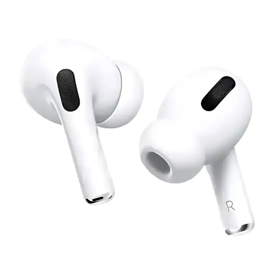White wireless earbuds with black accents on a white background