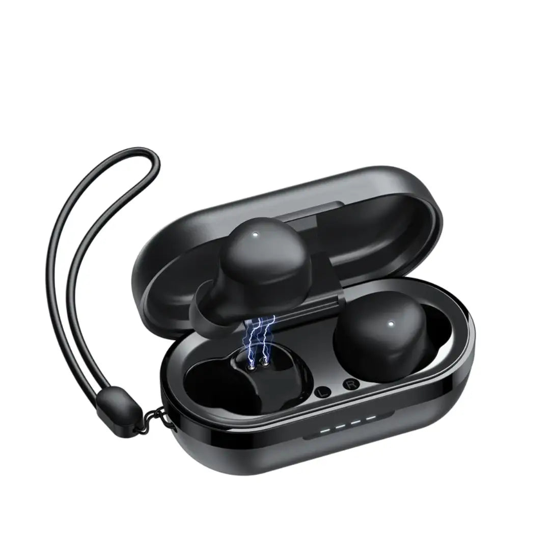 Black wireless earbuds in an open charging case on a white background