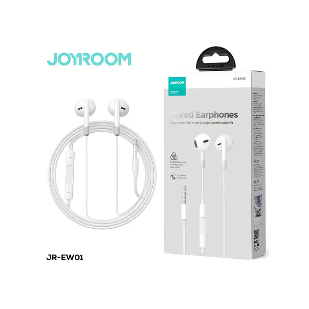 White earphones with cable and their packaging on a white background, featuring the brand 'JOYROOM'.