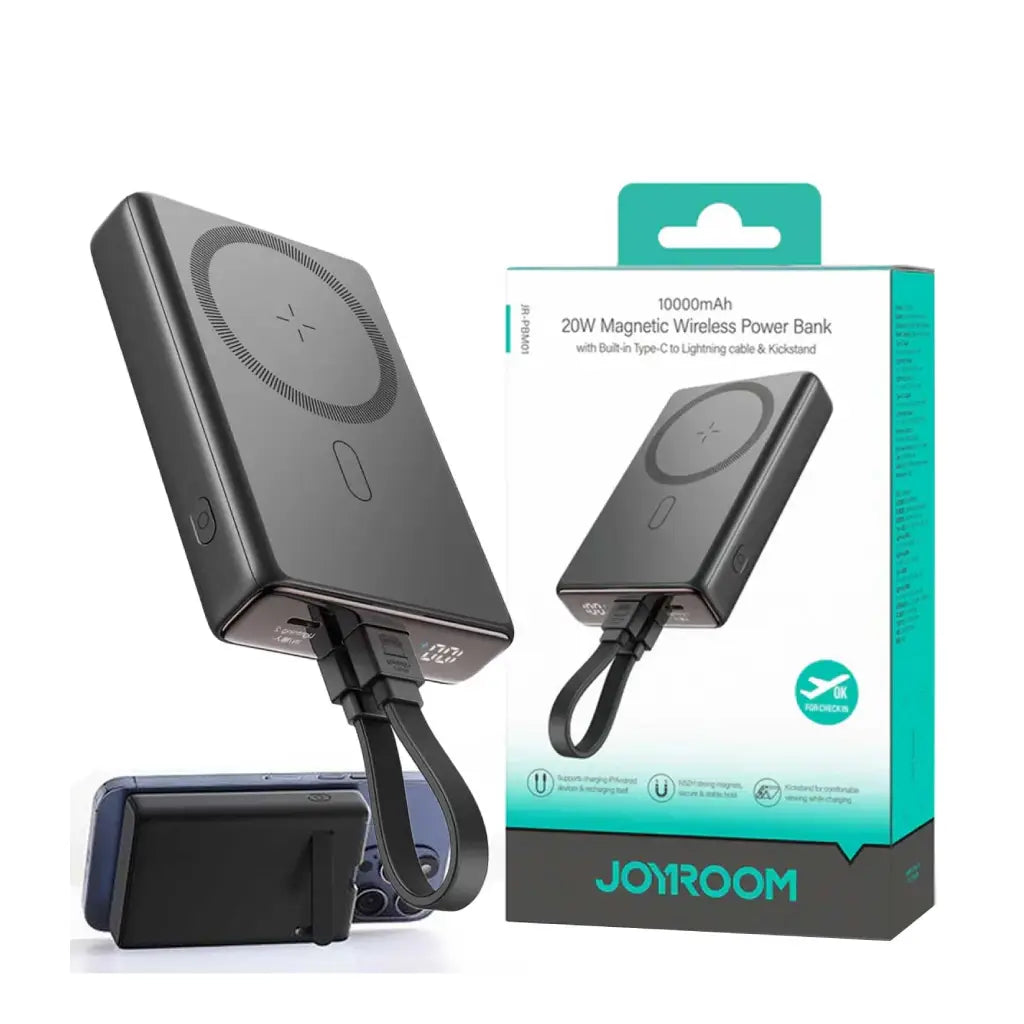 Black wireless power bank with packaging displaying 'JOYROOM' on a white background