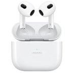 White wireless earbuds with charging case on a white background