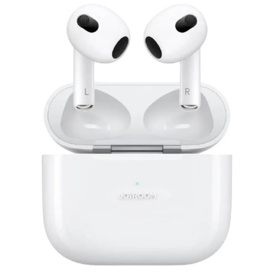 White wireless earbuds with charging case on a white background