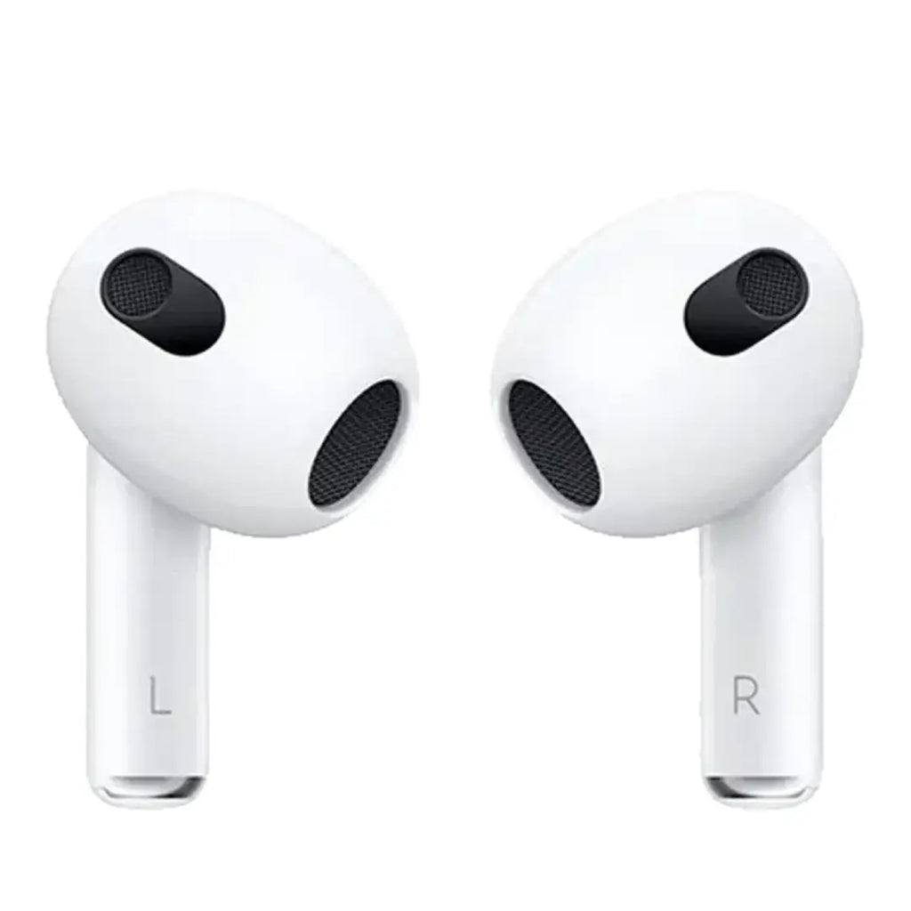 White wireless earbuds with black accents on a white background